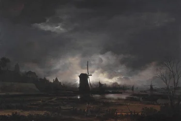 Mondscheinlandschaft mit einer Windmühle, frühe bis mittlere 1650er Jahre